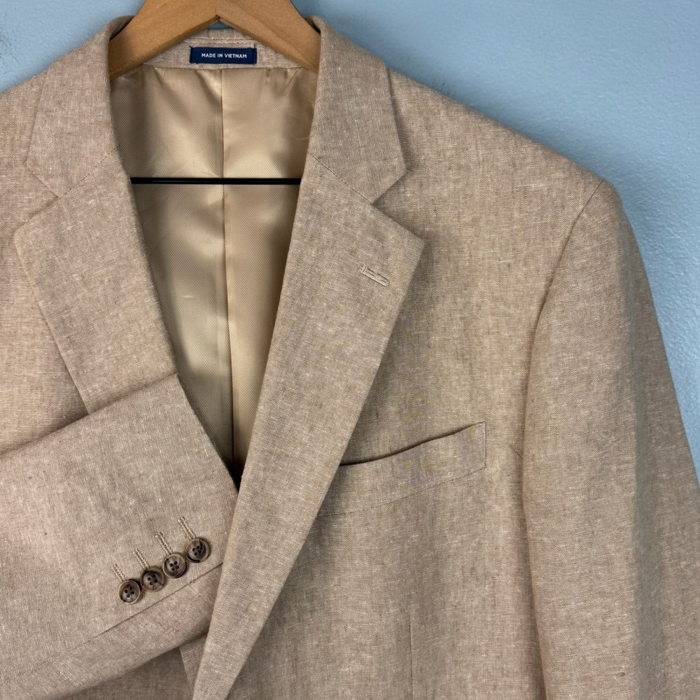 Stafford Signature Men 42 Regular Tan Linen Cotton Classic Fit Sport Coat Blazer